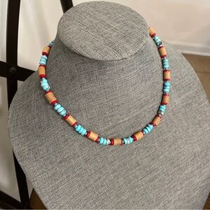 Faux turquoise coral and wooden beaded necklace